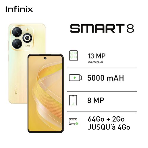 Infinix Smart 8 - 64Go + 2Go - 13 MP -2 SIM - 5000 MAh - Or - 12 Mois Garantie