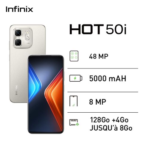 Infinix HOT 50i - 128Go + 4Go - 8 MP - 5000 MAh - Gris - 12 mois garantie
