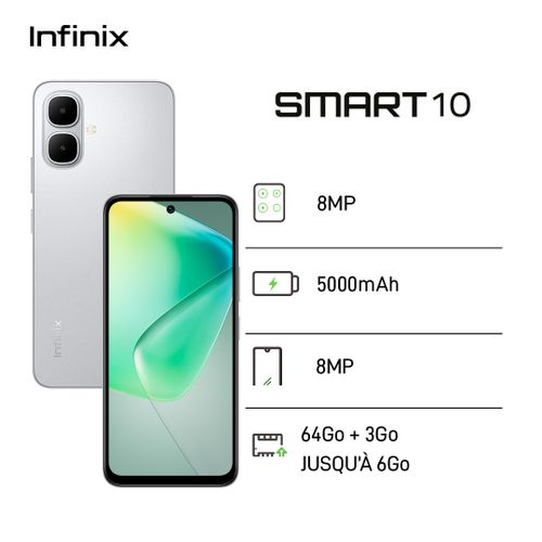 Infinix Smart 10 - 64Go + 3 Go - 6.6''- 8 MP - 5000 mAh - argent - 12 Mois Garantie